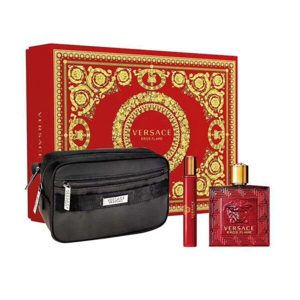 طقم هدية إيروس فليم أو دو بارفان من فيرساتشي | 100 مل أو دو بارفان + 10 مل بخاخ سفر + حقيبة سوداء
